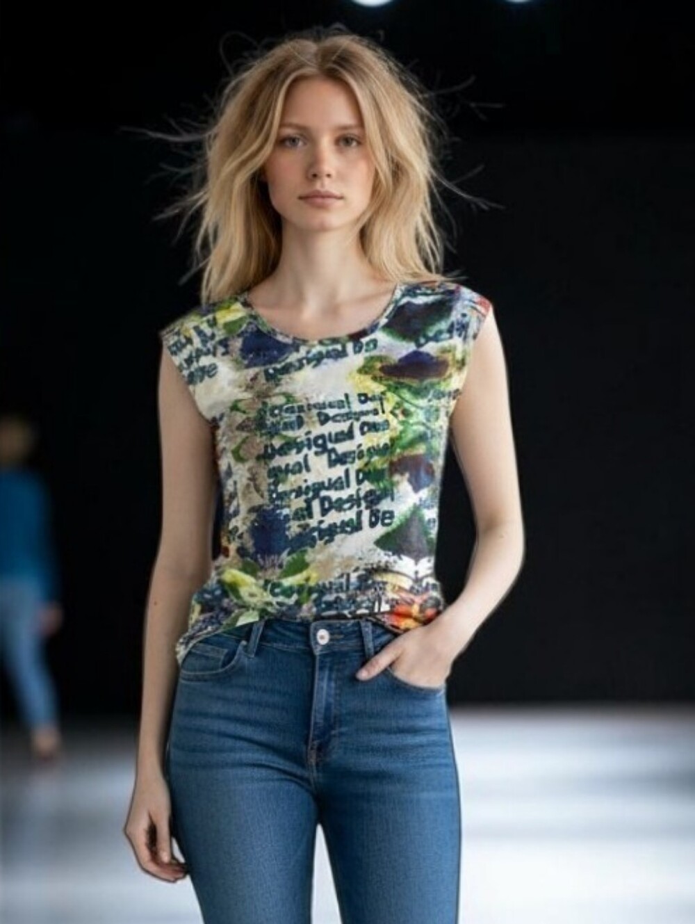 Desigual Cotton Cap Sleeve Printed Graphic Tee In Green Multi Size Small - Picture 1 of 6
